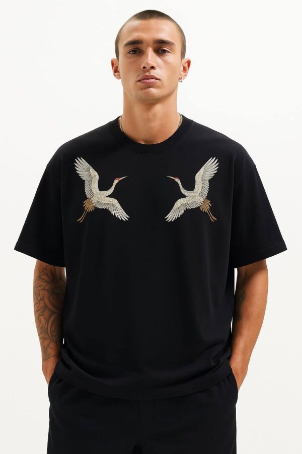 Twin Crane Men's Embroidered Oversized T-Shirt