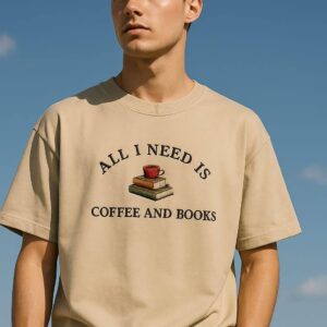 Coffee and Books Mens Embroidered Oversized T-Shirt