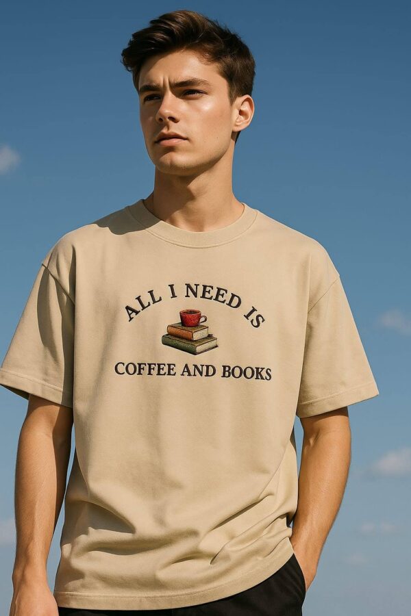 Coffee and Books Mens Embroidered Oversized T-Shirt