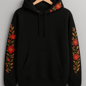 Red Rose Floral Men's Premium Embroidered Hoodies - Jet Black