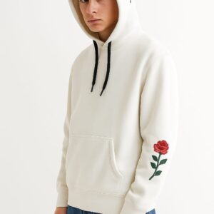 Red Rose Floral Men's Premium Embroidered Hoodies - Arctic White