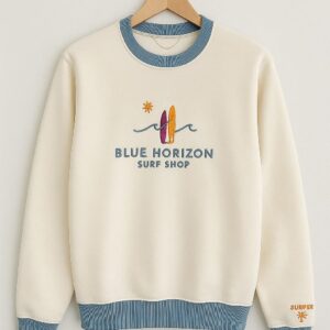 'Blue Horizon' Surf Men's Embroidered Sweatshirt - Off-White & Blue