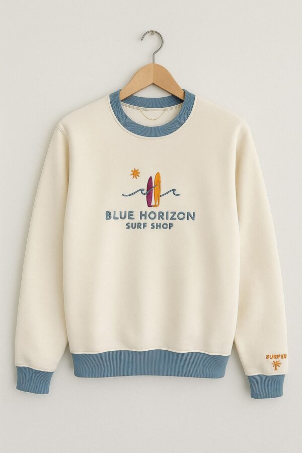 'Blue Horizon' Surf Men's Embroidered Sweatshirt - Off-White & Blue