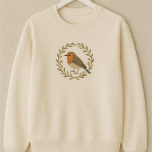 'Robin Wreath' Men's Embroidered Sweatshirt - Cream
