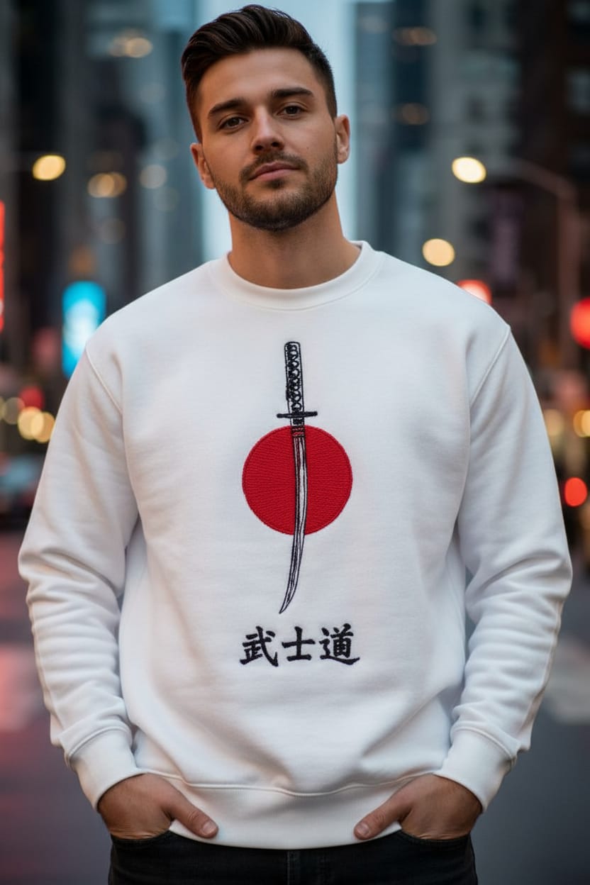 'Bushido Code Samurai' Men's Embroidered Sweatshirt - White