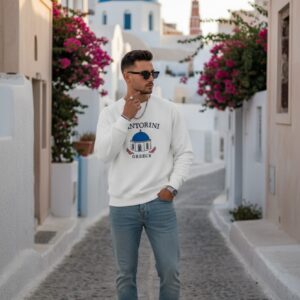 Santorini Greece Men's Embroidered Sweatshirt - Arctic White