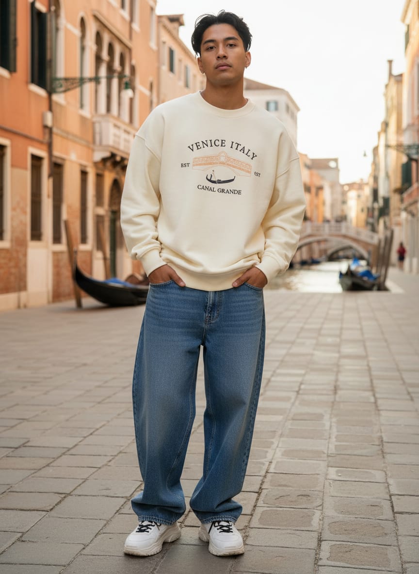 Venice Canal Grande Unisex Embroidered Sweatshirt - Off-White