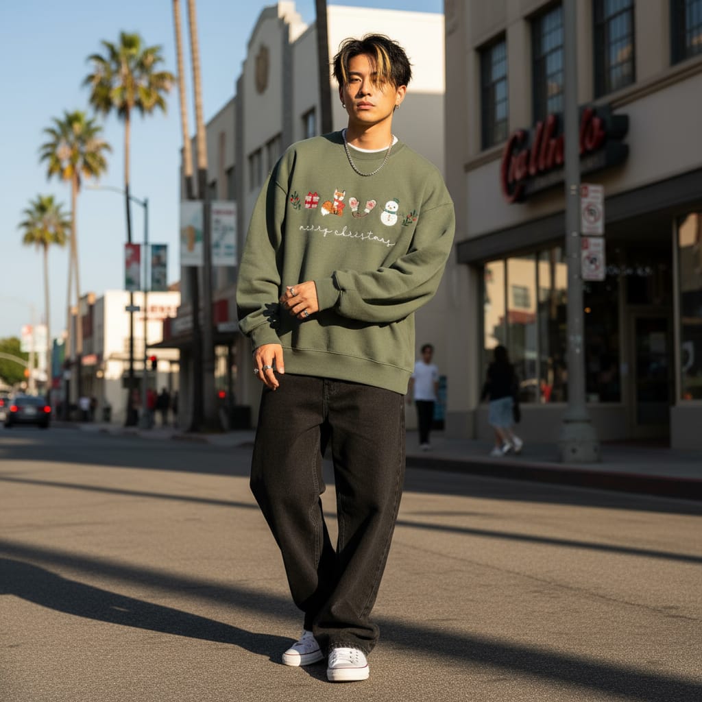 Merry Christmas Minimalist Cartoon Unisex Embroidered Sweatshirt - Olive Green