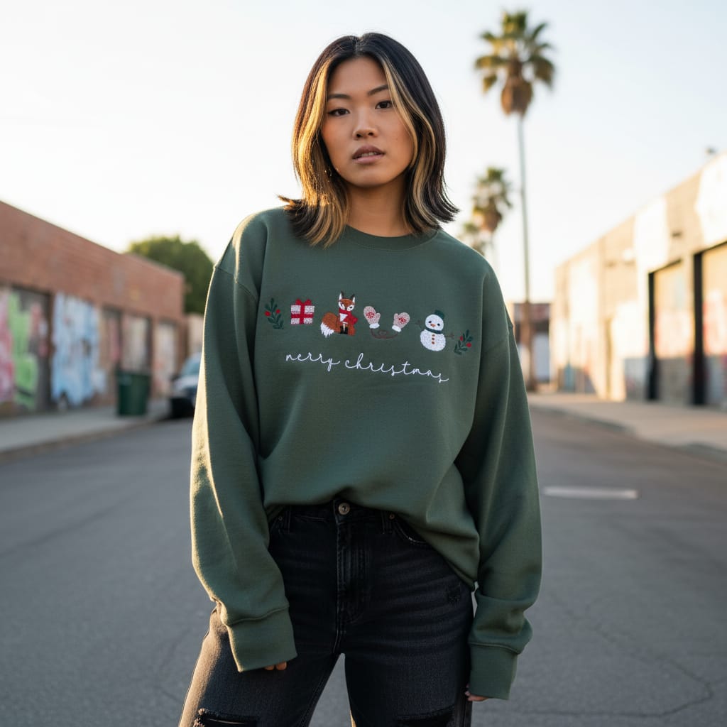 Merry Christmas Minimalist Cartoon Unisex Embroidered Sweatshirt - Olive Green