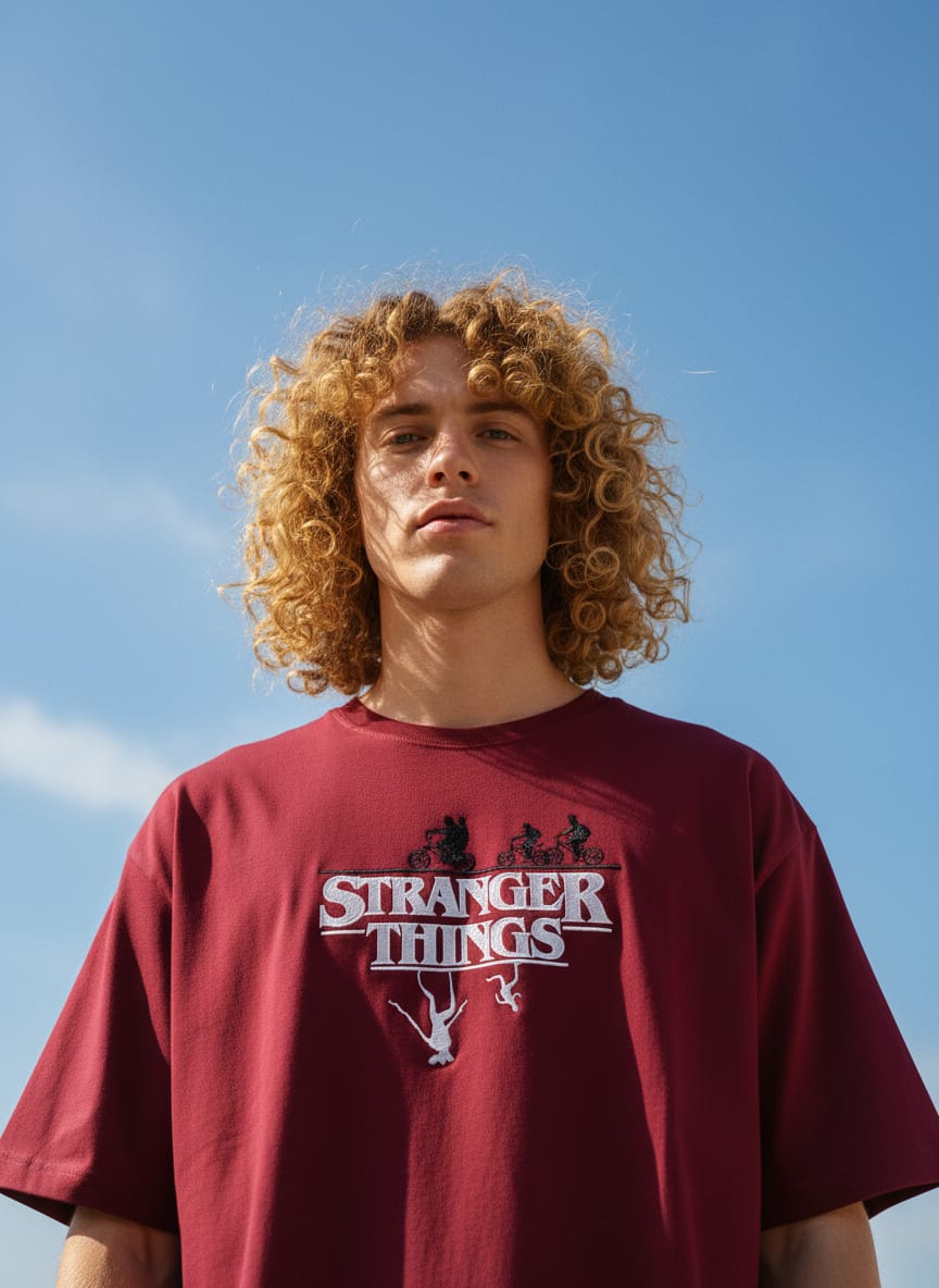 Stranger Things Upside Down Men's Embroidered Oversized T-shirt - White / Wine Red