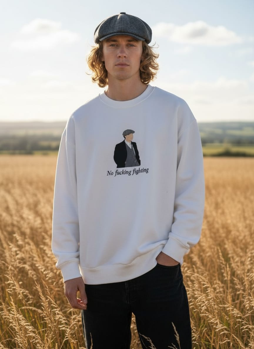 Thomas Shelby "No Fighting" Men's Embroidered Sweatshirt - Arctic White