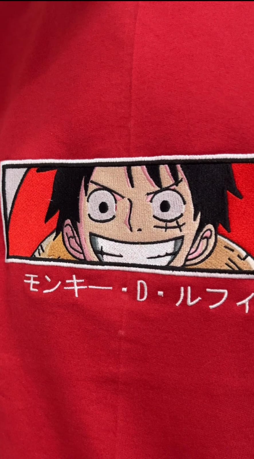 Luffy Fearless Smile Men's Embroidered Oversized T-shirt - Crimson Red