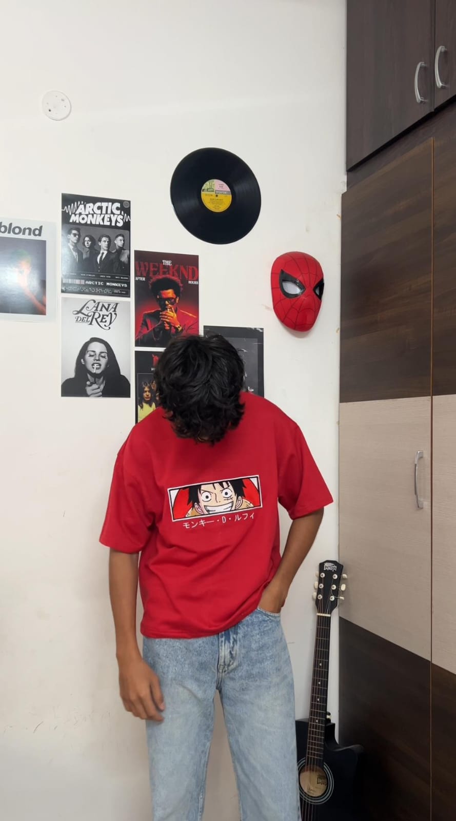 Luffy Fearless Smile Men's Embroidered Oversized T-shirt - Crimson Red