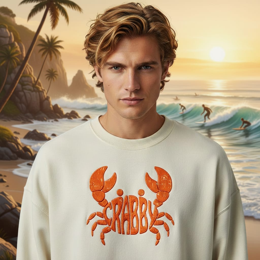 Sunset Crab: Oversized Embroidered Sweatshirt