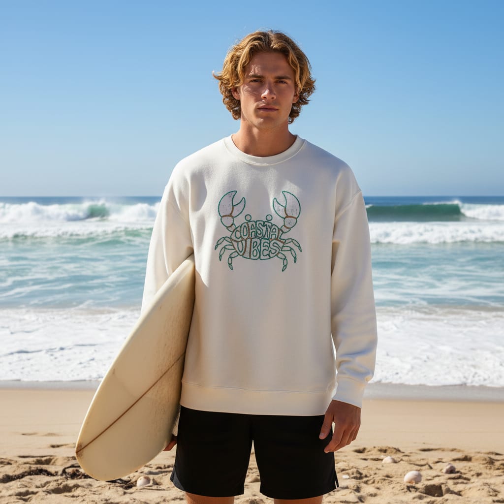 Coastal Vibe Crab: Oversized Embroidered Sweatshirt