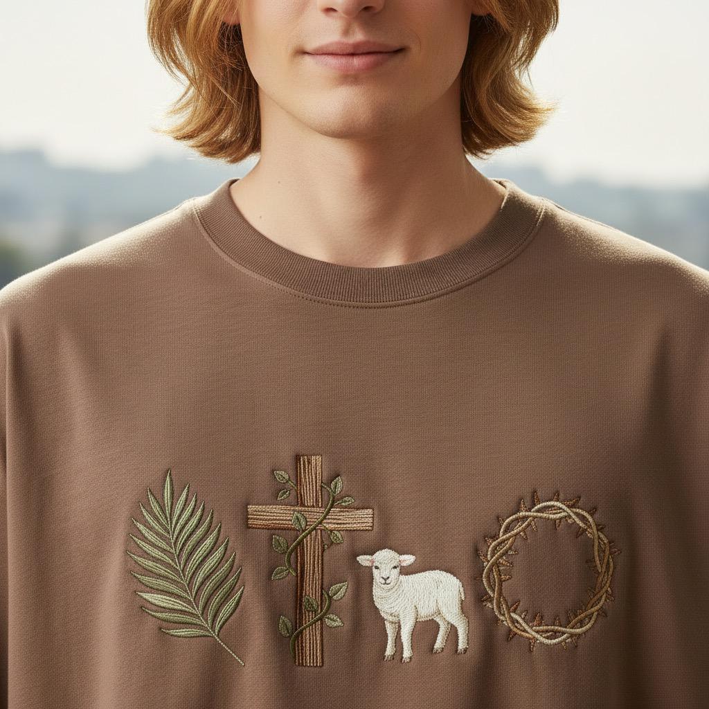 Palm Cross & Lamb Embroidery Sweatshirt