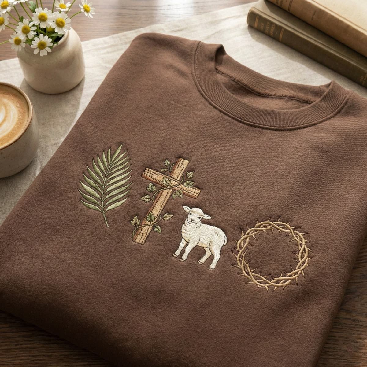 Palm Cross & Lamb Embroidery Sweatshirt - Image 3